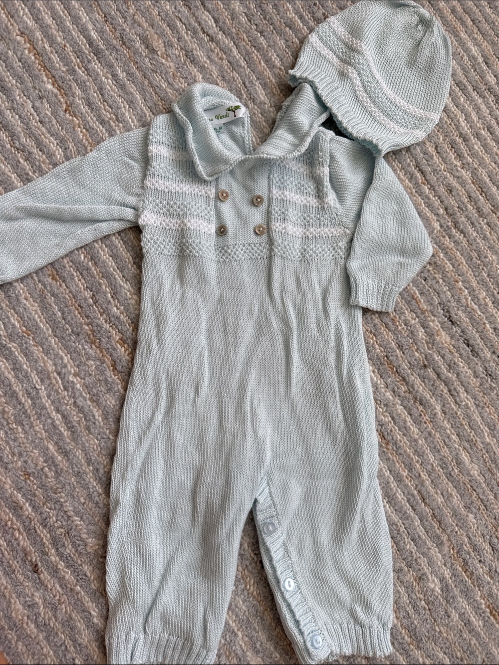 Hand-Knit Baby One-Piece Romper with Matching Hat - Pale Mint